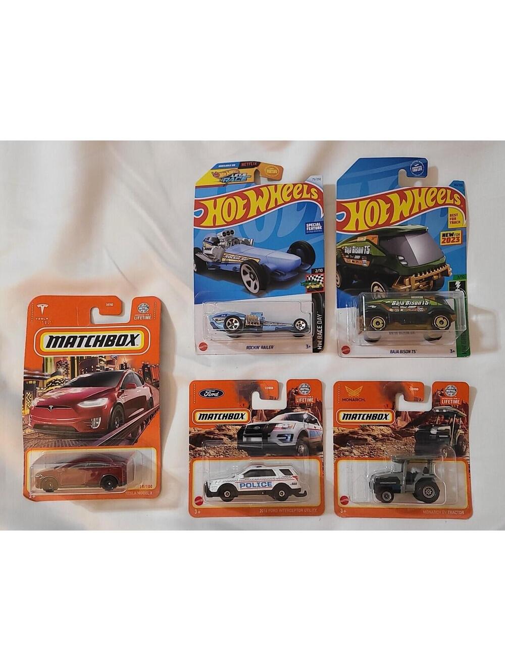 NEW 5pk Mattel Hot Wheels & Matchbox Collection Tesla Rockin Railey Ford Monarch